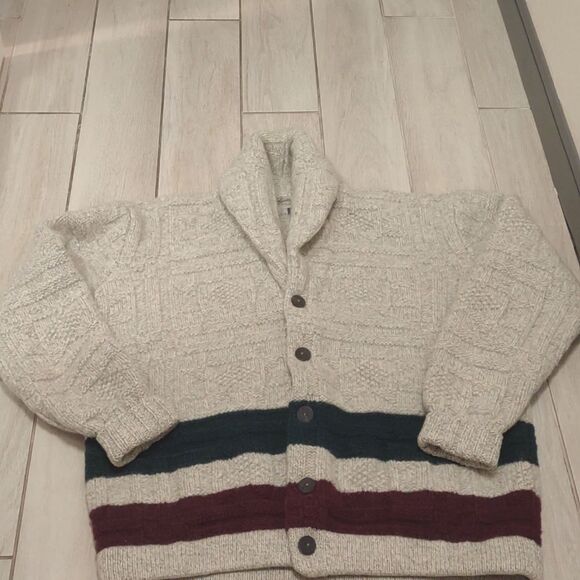 COPY - Sweater hand knit 100% wool grey burgundy/ green size XLarge - Picture 1 of 7